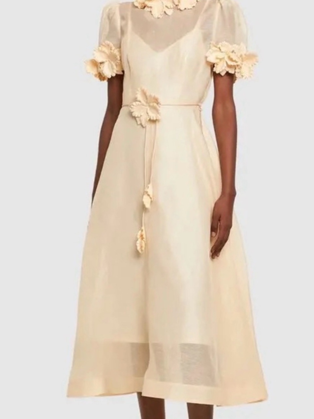 Cream Midi Dress with Floral Appliqué and Tie Waist